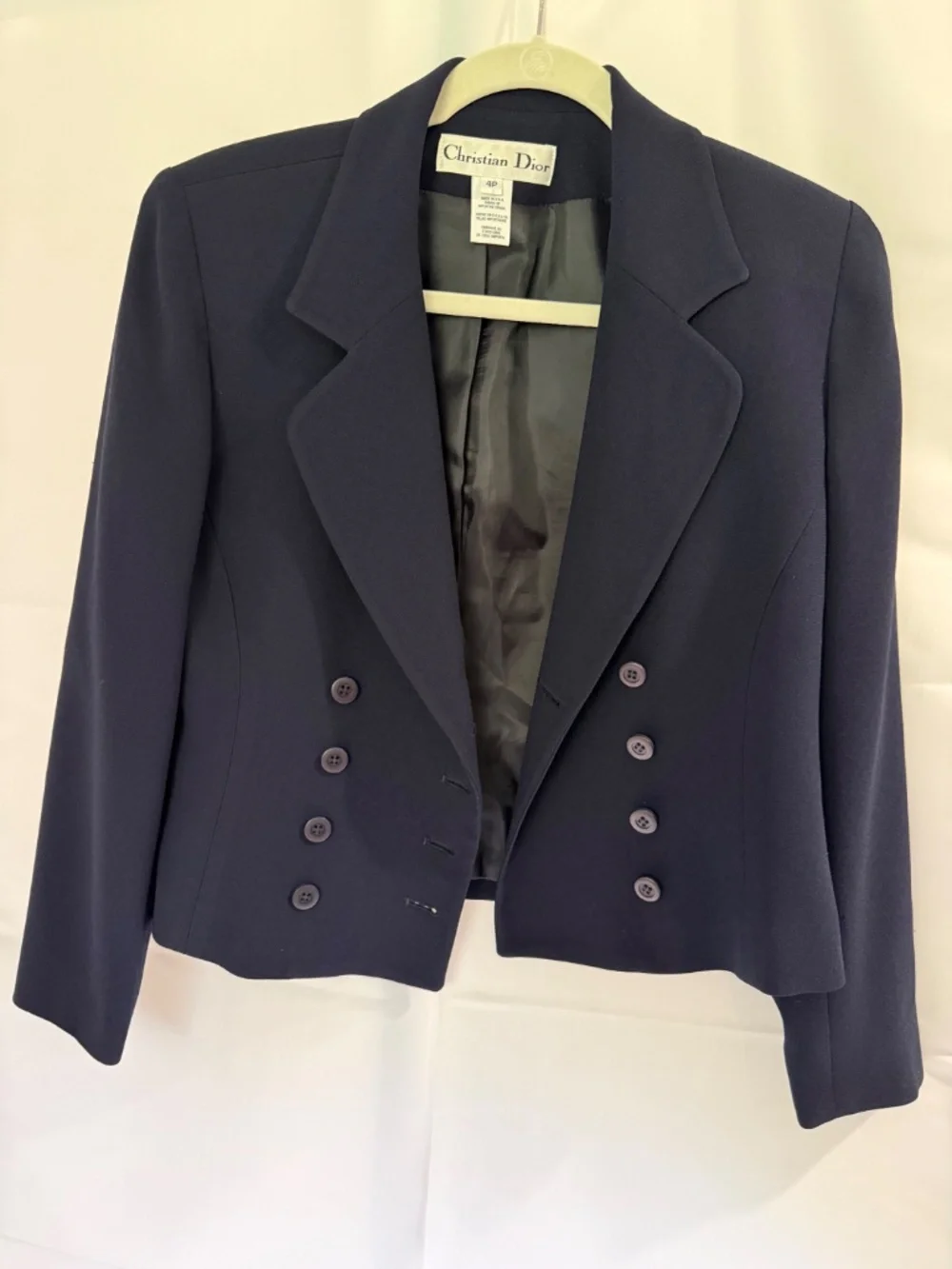 90’s Vintage Christian Dior Navy Double Breasted Cropped Blazer Jacket 4 Petite